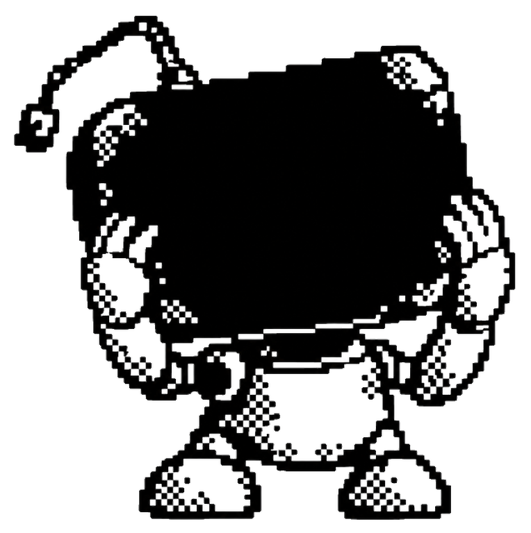 Agent Null: a figure whose head is a solid black mass with a cord curling overhead, white gloves raised to its sides and heavy shoes planted