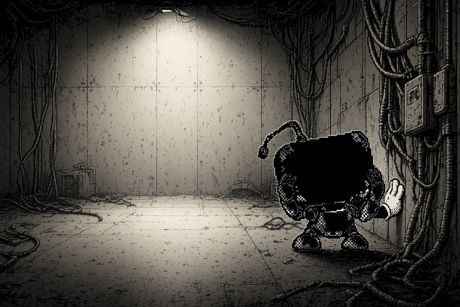 Agent Null in a dim concrete room full of hanging cables, one gloved hand pressed to the wall